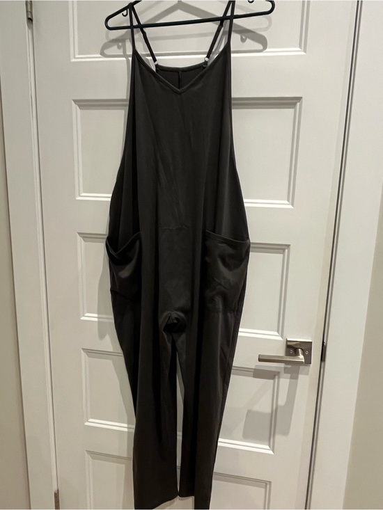 Pants - Ladies Charcoal Relaxed Spaghetti-Strap Jumpsuit with Pockets